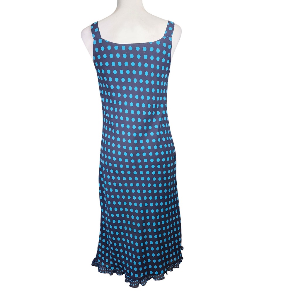 Petite Sophisticate Polka Dot Midi Dress Womens 8P Blue Turquoise Ruffle Hem VTG